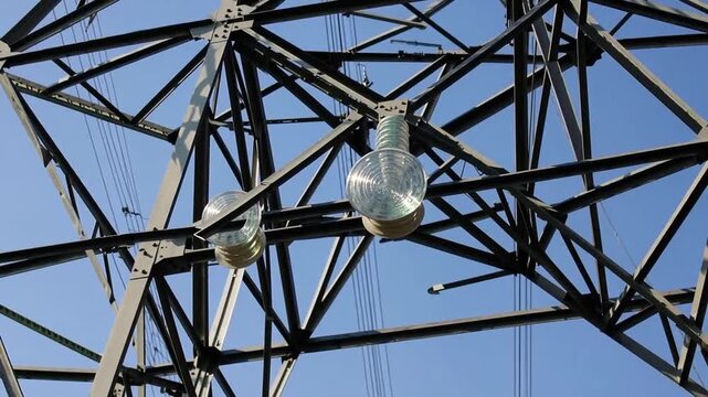 High Voltage Electrical Cables Porcelain and Tempered Glass Insulating Discs on High-Voltage Cables or Power Lines on Electrical Pylons in Montreal.