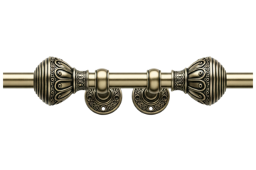 Ornate vintage-style bronze curtain rod holder with finials isolated on a transparent background