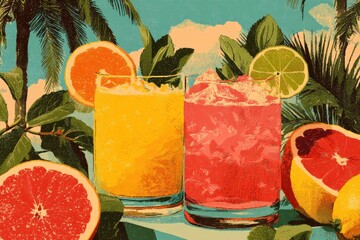 Vibrant retro poster with tropical cocktails and fresh citrus fruits outdoors