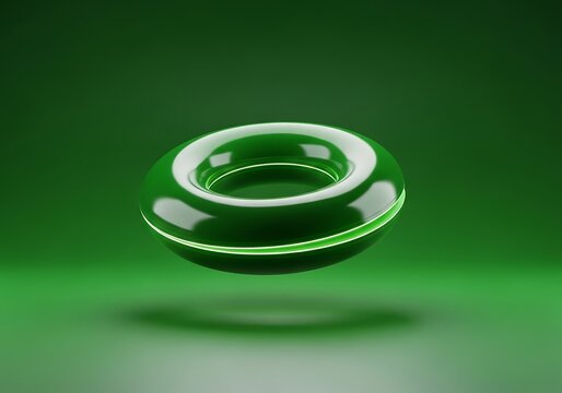 Abstract green torus with glowing neon light ring, floating in a dark green studio with soft light