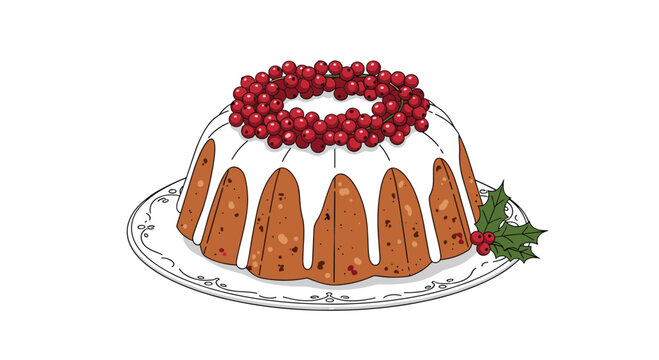 Festive fruitcake topped with icing and a red berry wreath decoration
