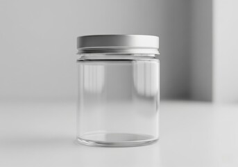 Empty glass jar with silver lid mockup on white background