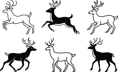 Vector art of set of six deer illustrations, three black and three white, in various running and standing poses