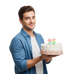 Young caucasian man holding birthday cake  on Isolated transparent background png. generated with AI