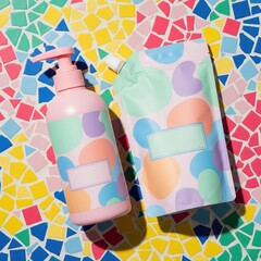 Cosmetic pump bottle and refill pouch mockup on colorful mosaic tiles