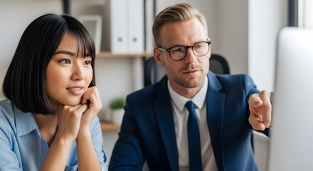 Diverse business professionals collaborating on a computer, a male manager mentoring his female Asian colleague in a modern office