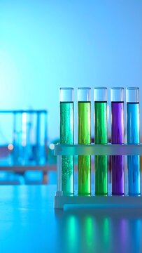 Colorful test tubes in a rack, laboratory setting