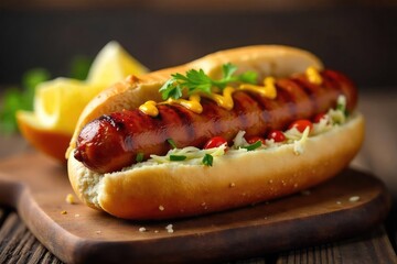 A juicy, grilled wurst hot dog in a toasted bun, with mustard and relish, ready to eat Perfect for a summer barbecue or casual meal , frankfurter, pork, casual