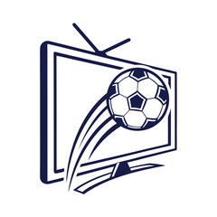 Obraz premium Dark blue soccer ball flying out of television screen with motion lines football