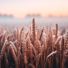 A close-up view of golden wheat stalks glistening in the morning light, set against a soft, pastel sky.