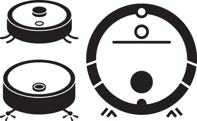 Three stylized robotic vacuum cleaners in silhouette isolated on white background