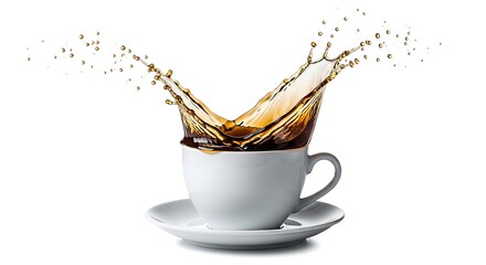 Dynamic coffee splash creating an energetic burst from a white cup, capturing the vibrant essence and aroma of a refreshing beverage, perfect for an invigorating start