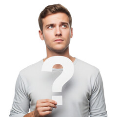 Man holding question mark sign on Isolated transparent background png. generated with AI