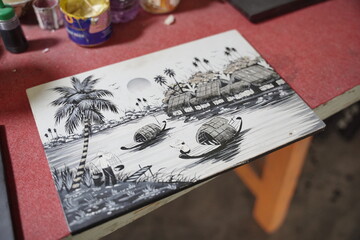 Quang Minh, Vietnam - May 2, 2025: This artwork of painting and eggshell mixture is the work of war survivors in Quang Minh.