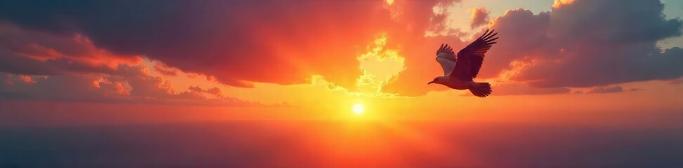 A lone bird takes flight against a vibrant sunset, symbolizing liberation and the boundless expanse of open skies  Perfect for themes of freedom, adventure, and escape ,  orange,  horizon,  wildlife