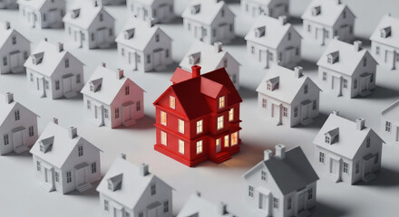 Standout Red House Amidst White Homes Symbolizing Real Estate Uniqueness