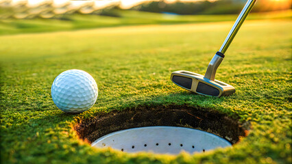 "Golf Putting Close-Up with Ball and Putter Near Hole on Green Course"