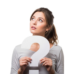 woman holding question mark sign on Isolated transparent background png. generated with AI