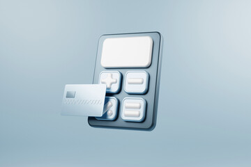 3D calculator floating in the air with circle chart and credit card futuristic finance concept.