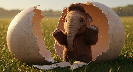 A whimsical baby woolly mammoth hatches from a giant egg in a sunlit, grassy field, symbolizing a miraculous new beginning and a surprising arrival in nature