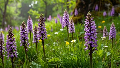 Obraz premium Clusters of vibrant purple orchids stand tall in a meadow of green grass, bathed in soft natural light.