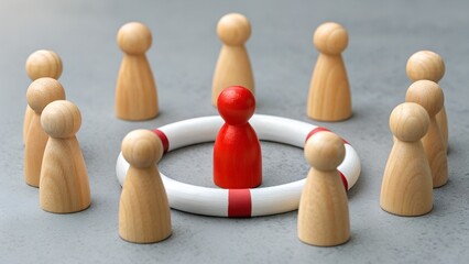 Obraz premium Safety Focus – Protection and Support Symbolism, Community, Conceptual, Emotion, Abstract, Lifebuoy Ring and Peg Figure Circle Scene