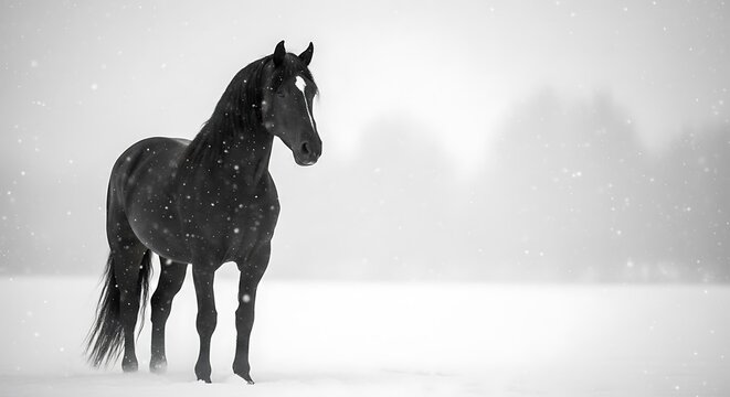 A majestic black horse stands alone in a snowy field during a winter storm. - Powered by Adobe
