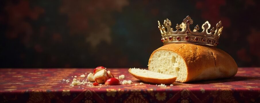 A majestic crown sits atop a sparsely decorated table, next to a single, half-eaten loaf of bread, signifying hunger and powerlessness , emptiness, throne, famine