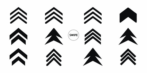 Collection of black upward pointing arrow icons and swipe gesture symbol on white background