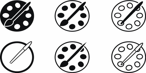 Collection of six artistic icons featuring paint palettes and brushes in black and white graphic style