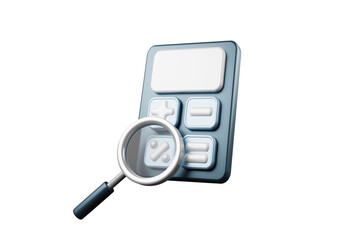 3D rendering of magnifying glass looking at calculator business investment concept.