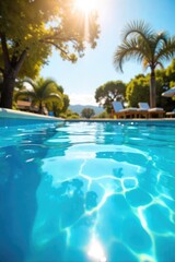 A refreshing summer day at the pool, shimmering blue water under the sunny sky, inviting and tranquil scene, perfect for relaxation and escape , hotel, umbrella, holiday