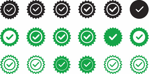 Collection of green and black checkmark badges and icons representing approval and verification © Partha