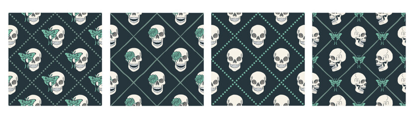 Halloween seamless pattern set with hand drawn floral skulls with luna moths inside trellis