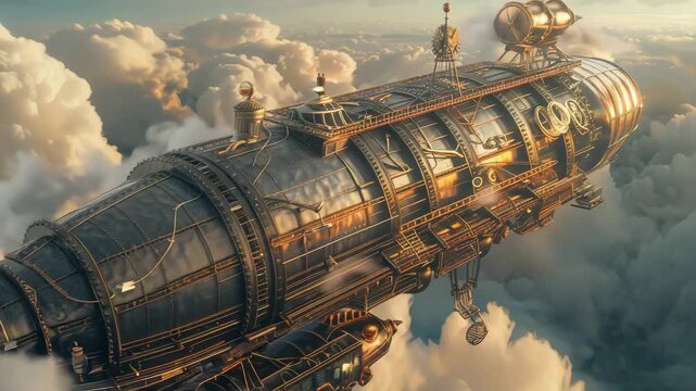 Steampunk Airship Adventure. Huge steampunk airship flying above clouds with sunbeams with rotating gears and propellers, cinematic fantasy.
