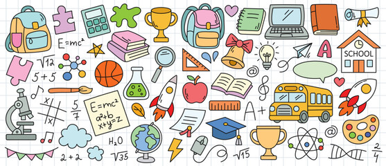 Colorful back to school doodle set with cute stationery backpacks, notebooks, pencils, rulers, erasers, clips. Bright cartoon vector perfect for posters, planners, bullet journals