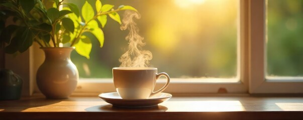 A serene scene of a steaming mug beside a tranquil window, sunlight illuminating a peaceful interior Perfect for promoting relaxation and calm through warm beverages , calm, interior, comfort