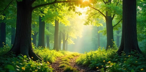 Obraz premium A serene soundscape captured in a tranquil forest, sunlight dappling through leaves, creating a peaceful atmosphere of quietude and natural beauty , bark, ambient