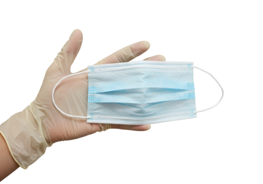 Medical glove holding surgical mask isolated on transparent background - Powered by Adobe