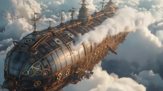 Steampunk Airship Adventure. Huge steampunk airship flying above clouds with sunbeams with rotating gears and propellers, cinematic fantasy.