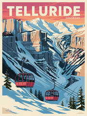 Vintage Telluride Colorado ski poster with gondolas, snowy cliffs, steep runs, and pink sunset sky. Retro travel wall art with dramatic alpine valley and bold navy shadows