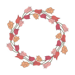 Pink and yellow hand drawn line art tulips flowers wreath isolated on white