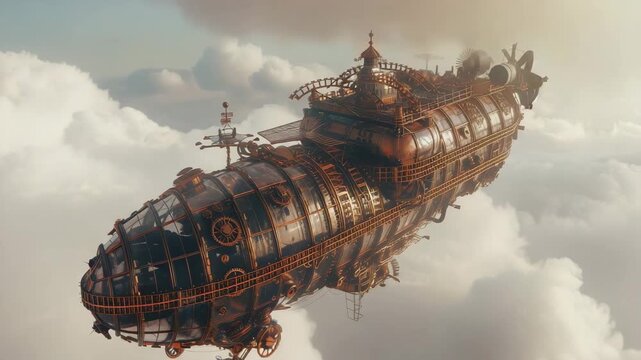 Steampunk Airship Adventure. Huge steampunk airship flying above clouds with sunbeams with rotating gears and propellers, cinematic fantasy.