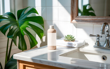 Minimalist bathroom interior with natural light, houseplant, sink, mirror, and cosmetic bottle on marble counter