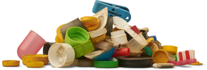 pile of dirty weathered plastic waste including bottle caps, toy parts, toothbrush, and fragments isolated white background, pollution and environmental harm concept