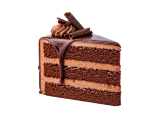 A slice of rich chocolate layer cake with chocolate ganache and chocolate curls on top isolated on transparent background