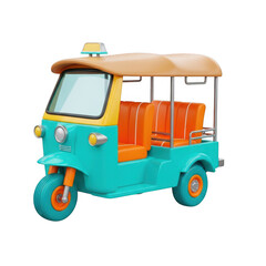 Fototapeta premium Vibrant turquoise and yellow auto rickshaw with orange seating captures asian transportation charm transparent background