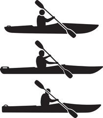 Three kayakers paddling in silhouette isolated on white background
