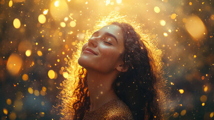 Abstract depiction of joy as a radiant golden explosion of light particles. Ethereal and dynamic atmosphere