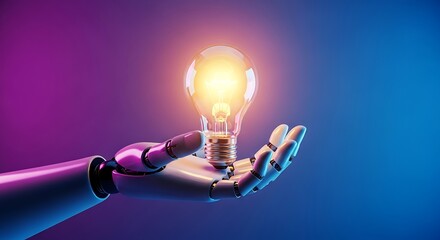 Robot hand holding a glowing light bulb with a vibrant purple and blue background